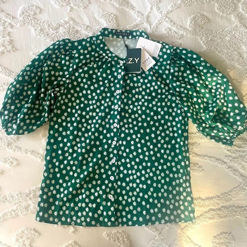 Green Flower Printed Button Up Blouse